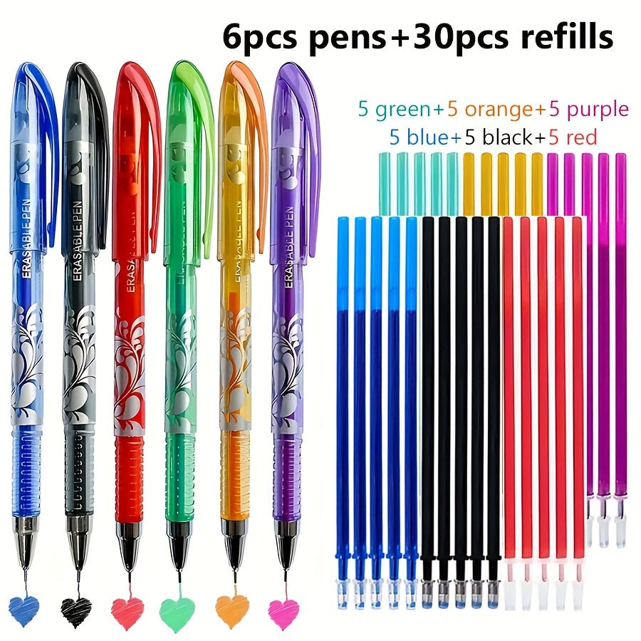 36pcs/set 6 Colors Neutral Erasable Pen, Blue/black/red/green/orange/purple Ink Writing Gel Pens Washable Handle School Office Supplies Stationery Gift