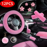 12pcs Winter Thickened Plush Car Interior Set Steering Wheel Cover Belt Shoulder Pad Steering Wheel Glove Gear Shift Cover Hand Brake Cover Pompom Hanging