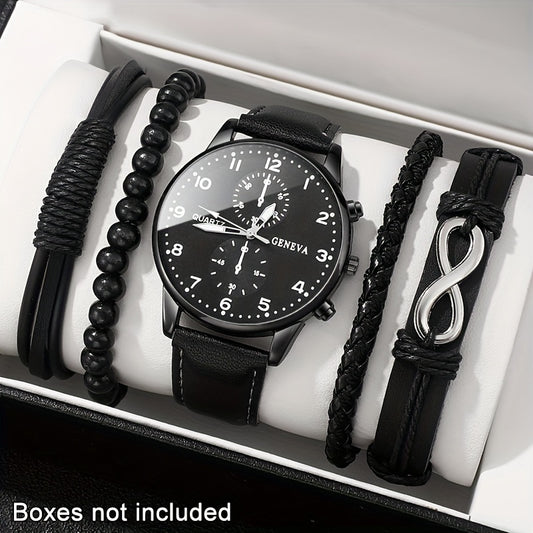 Men's Casual Quartz Watch and Faux Leather Bracelet Set -