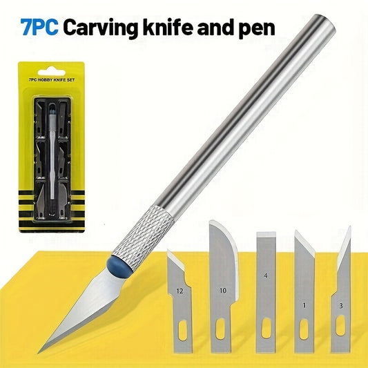 7-Piece Precision Engraving Knife Set, Metal Craft Knife with Replaceable Blades, Hand Engraving Hobby Tools for DIY Projects, Mobile Film Art, Multi-Function, No Electricity Required