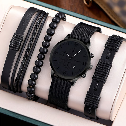 4 Pieces Stylish Black Round Analog Digital Quartz Watches with Canvas Strap, 3 Bonus Bracelets and Calendar Indicator - Perfect Gift for Son, Husband, Father