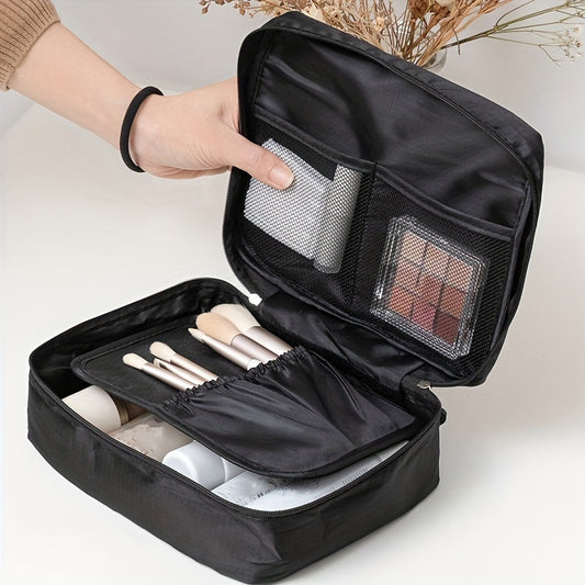Versatile Black Canvas Cosmetic Bag with Secure Zipper - Waterproof, Multi-compartment Storage for Makeup and Toiletries, Great for Travel and Daily Use