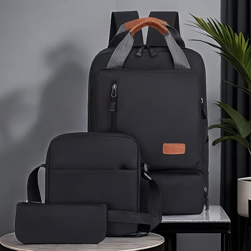 3-piece men's backpack set, casual backpack with multiple compartments, business shoulder bag and pencil tote