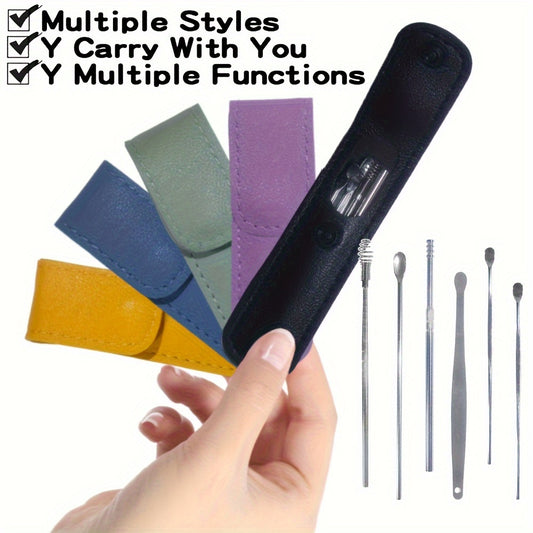 6 in 1 Stainless Steel Ear Wax Removal Tool Kit with PU Leather Case - Portable Ear Cleaner Set with Multiple Heads and Spoon for Ear Care in Stick Shape, No Batteries Required