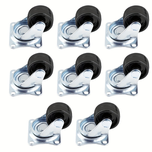 Set of 8 Heavy Duty Swivel Casters, 1" Diameter, with Rubber Base, Polished Metal Finish, Rectangular Top Plate and Bearings - Great for Furniture and Hardware