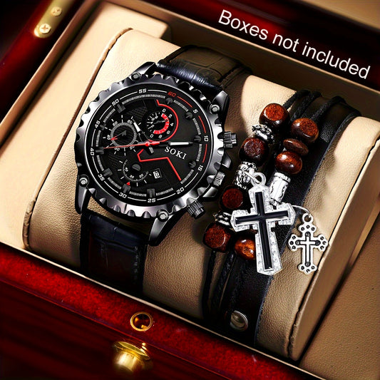 SOKI Men's Fashion Quartz Watch with Calendar and Cross Faux Leather Bracelet