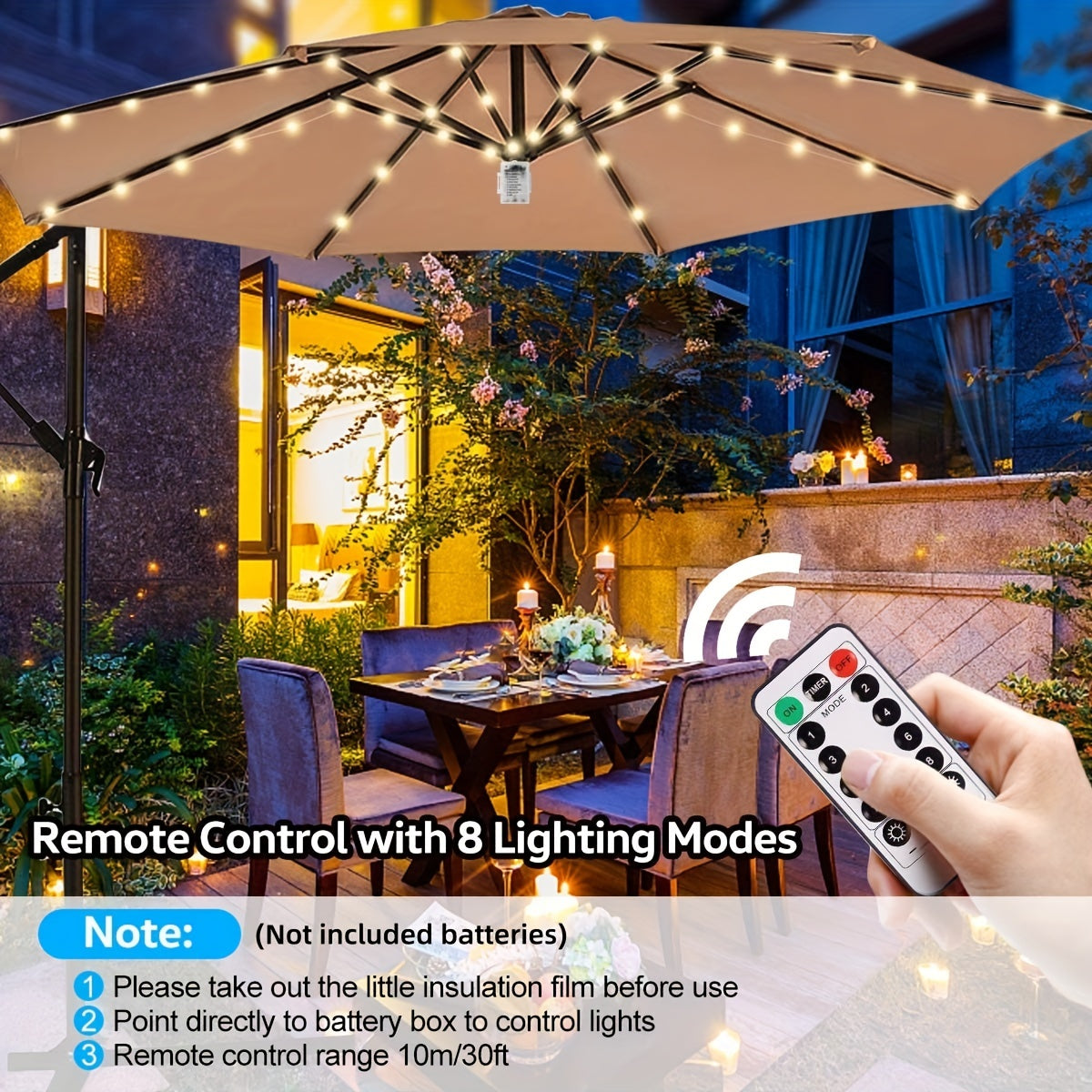 1pcs Garden Umbrella Light with Remote Control, 8 Modes Waterproof LED Outdoor Umbrella Light Battery Powered for Decoration Outdoor Party, Wedding, Festival (Remote Control with Button Battery, Battery Box Not Included)