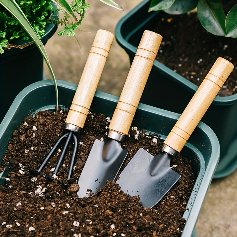 Premium Aluminum Alloy Gardening Tool Set with Wooden Handle - Includes Rake, Shovel and Mini Succulent Tool for Effective Soil Loosening and Plant Care Gardening Tools Gardening Tools and Equipment