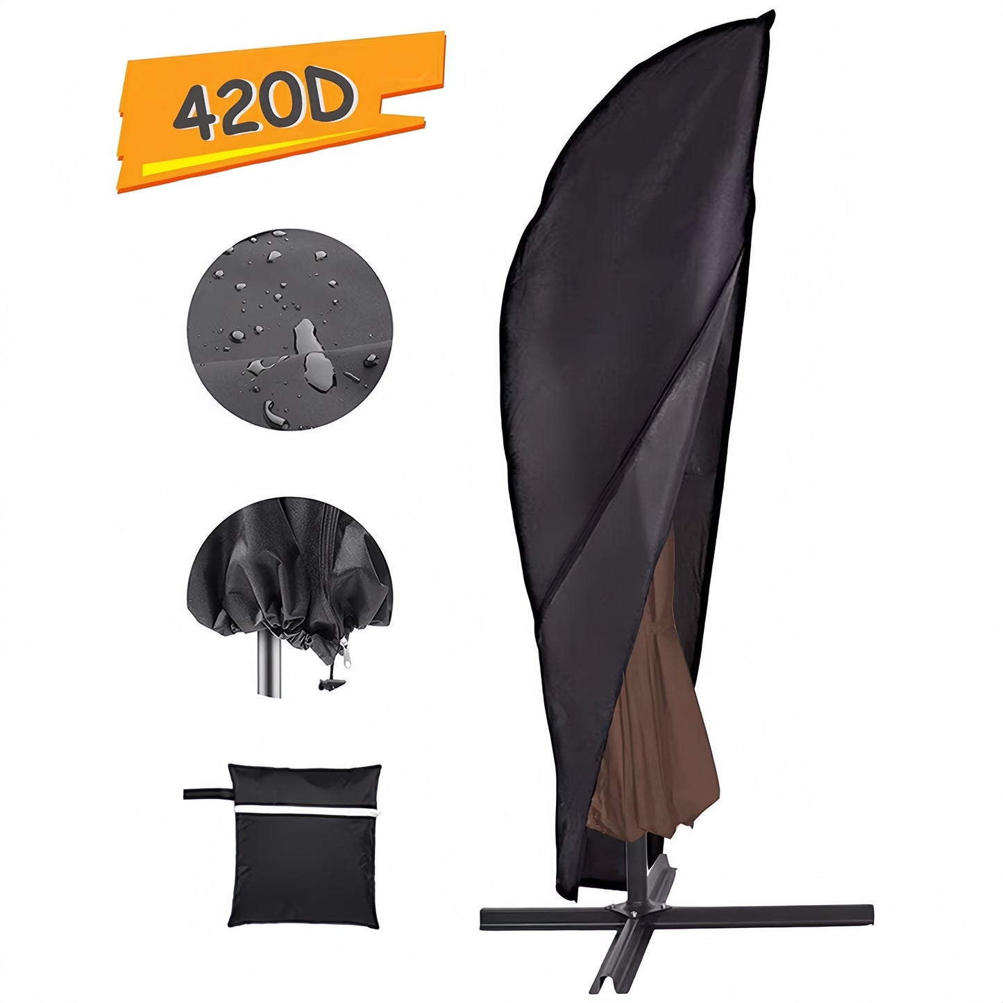 280cm Waterproof Outdoor Umbrella Cover 420D Oxford Cloth, Anti-UV Patio Parasol Cover with Storage Bag, Dust-Proof Black Canopy Sunshade Cover for 3.35m to 4.27m Garden Parasol