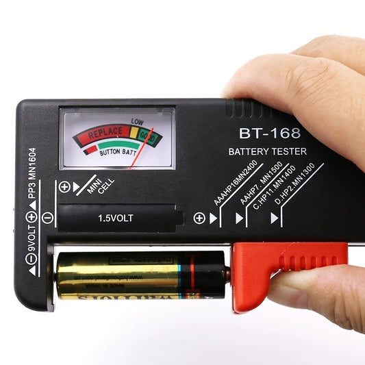 Battery Tester BT-168 - Universal device for quick and easy checking of AA, AAA, C, D, 9V, 1.5V batteries with color meter indicators and accurate results