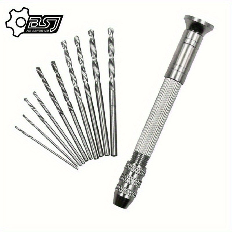 Versatile Mini Hand Drill Set with 10 Drill Bits - Great for Jewelry, Resin Crafts and Model Making, Metal Construction