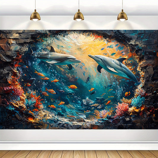 Underwater World Shark and Dolphin Backdrop - Polyester Photo Booth Props, Coral Reef and Red Brick Wall Mural, Party and Photo Studio Decoration, Multipurpose, No Electricity Required