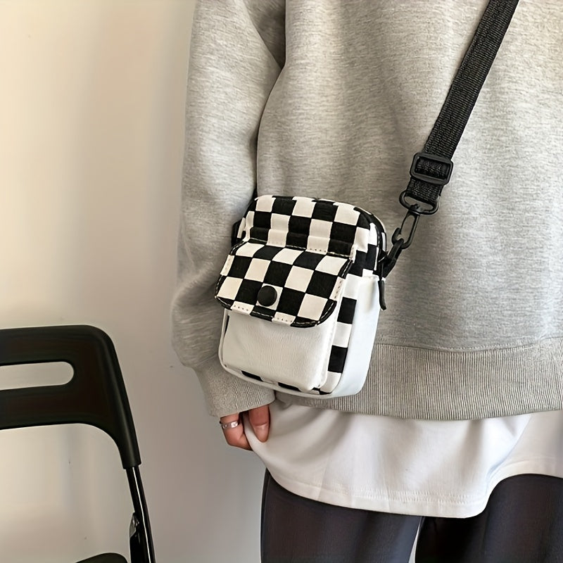 Check canvas crossbody bag, square wallet in front pocket, mini shoulder bag with space for phone and keys
