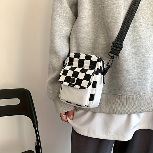 Check canvas crossbody bag, square wallet in front pocket, mini shoulder bag with space for phone and keys