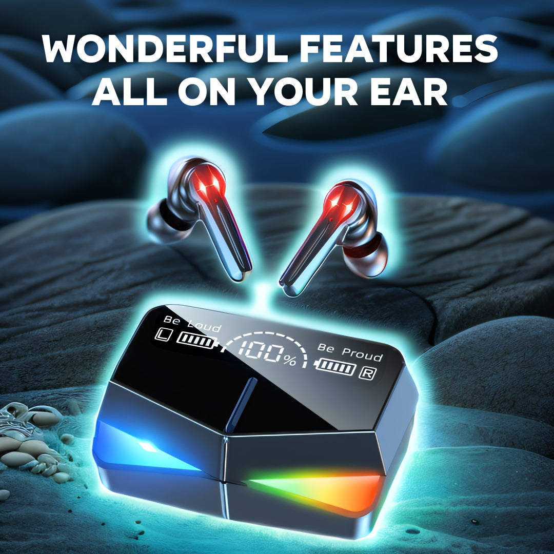 Tws Low Latency Gaming Earbuds HiFi Stereo, LED Charging Box, Touch Volume Control High Fidelity Wireless Headphones with RGB Effect, Noise Cancelling Microphone, Fast Charging Earphones