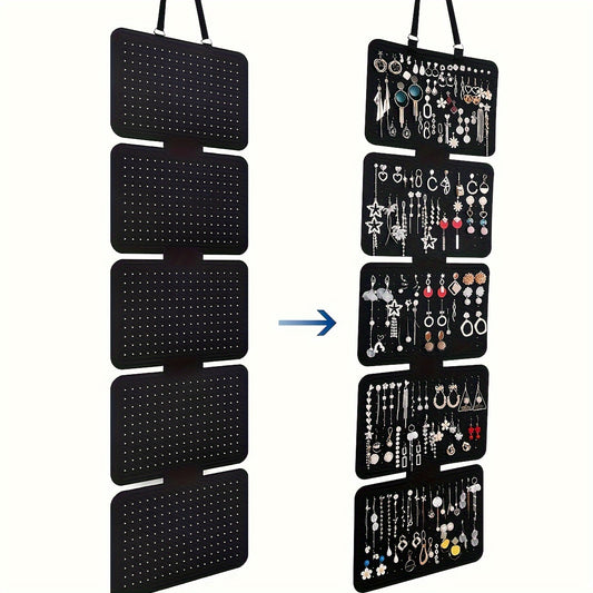 1pc Elegant Black Felt Jewelry Storage Box - 5-Layer Hanging Storage with Large Capacity and Foldable Design for Earrings, Pendants, Necklaces and Bracelets - Versatile Badge and Pin Display with Lanyard