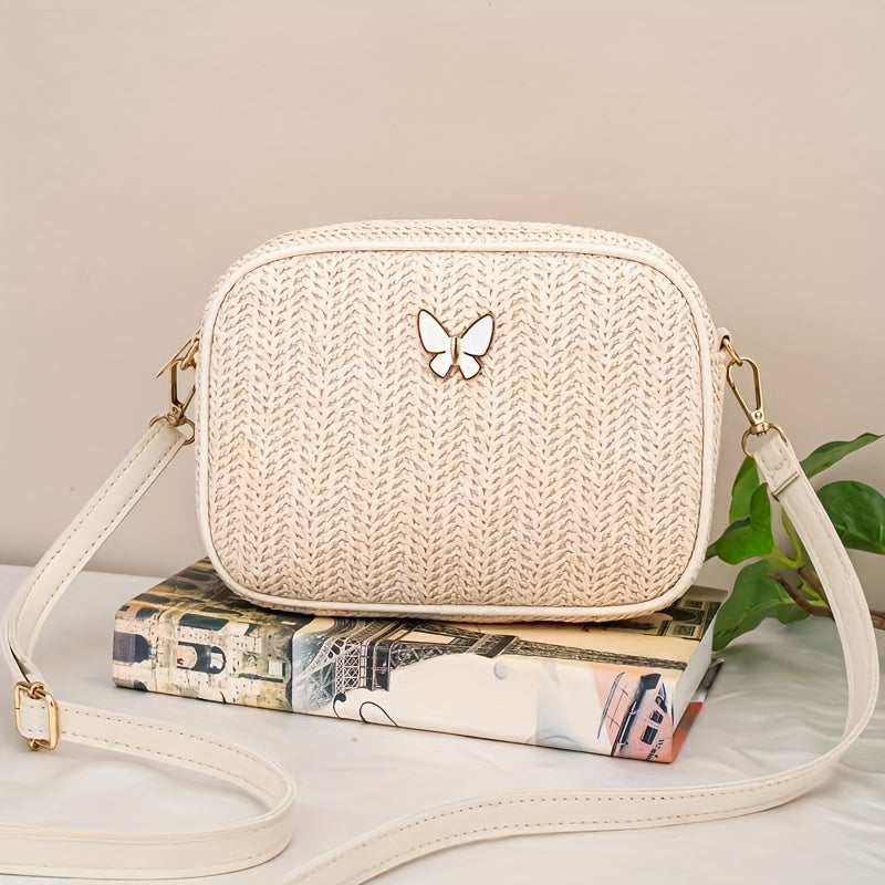 Small Butterfly Decorated Straw Crossbody Bag - Stylish, Sweet, Versatile Mini Bag for Women - Great for Daily Use, Travel and Outdoor Activities