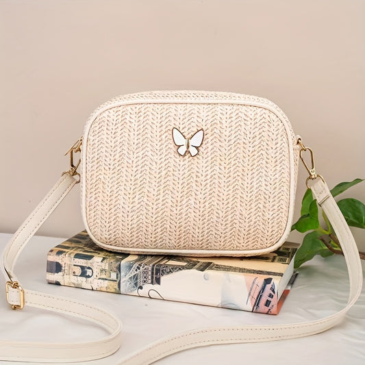 Small Butterfly Decorated Straw Crossbody Bag - Stylish, Sweet, Versatile Mini Bag for Women - Great for Daily Use, Travel and Outdoor Activities