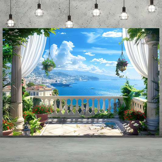 Spring and Summer Landscape Photography Background - 1pc Polyester Seaside Town Landscape Vintage European Building Elegant Garden Background - Multipurpose Photography Banner for Studio Props and Decoration
