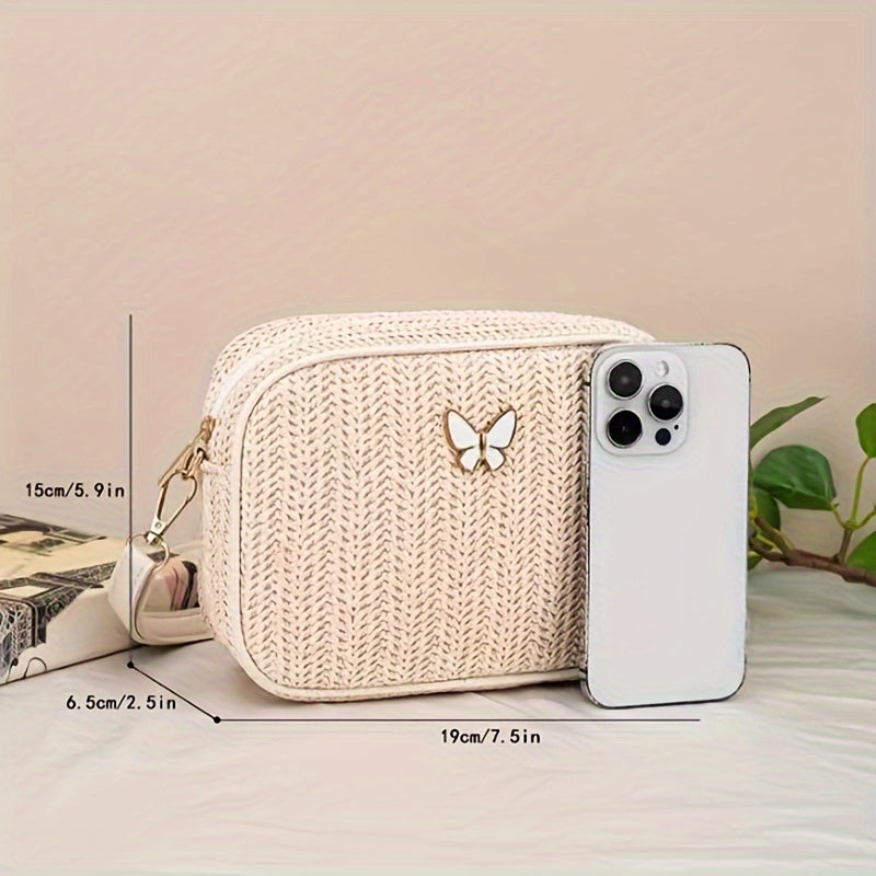 Small Butterfly Decorated Straw Crossbody Bag - Stylish, Sweet, Versatile Mini Bag for Women - Great for Daily Use, Travel and Outdoor Activities