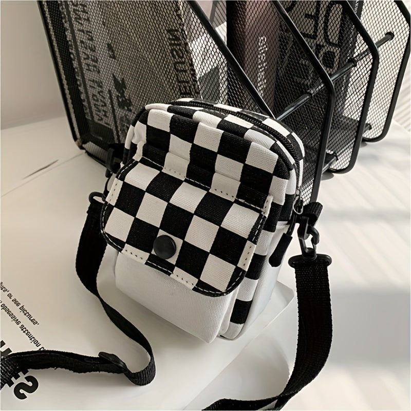 Check canvas crossbody bag, square wallet in front pocket, mini shoulder bag with space for phone and keys