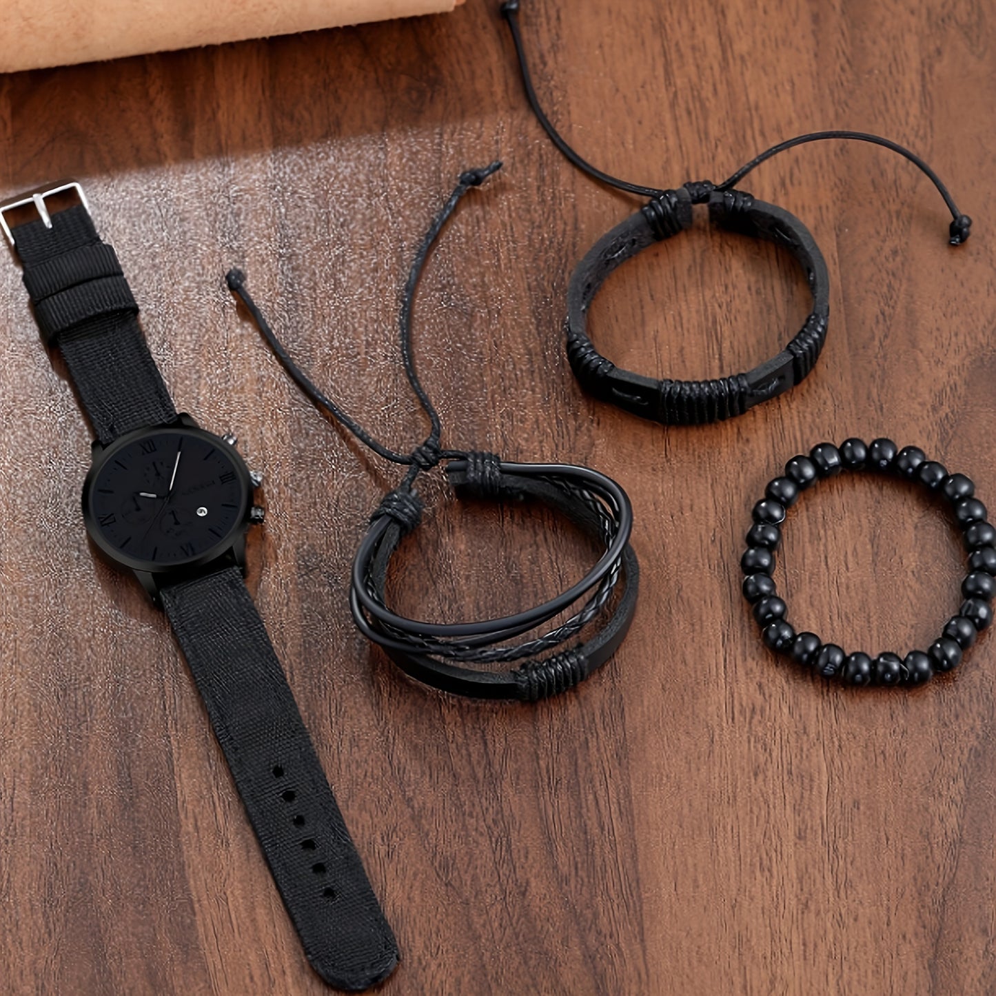 4 Pieces Stylish Black Round Analog Digital Quartz Watches with Canvas Strap, 3 Bonus Bracelets and Calendar Indicator - Perfect Gift for Son, Husband, Father