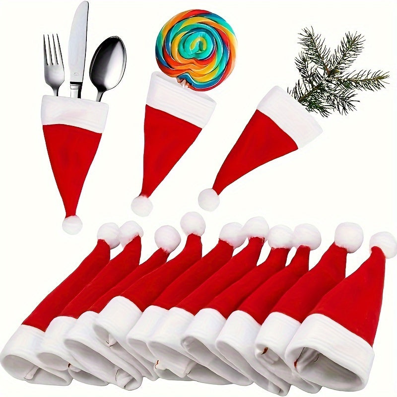10-Piece Red Mini Santa Hat Cutlery Holder - Great for Holiday Table Decorations, Wine Bottle Caps and Kitchen Accessories