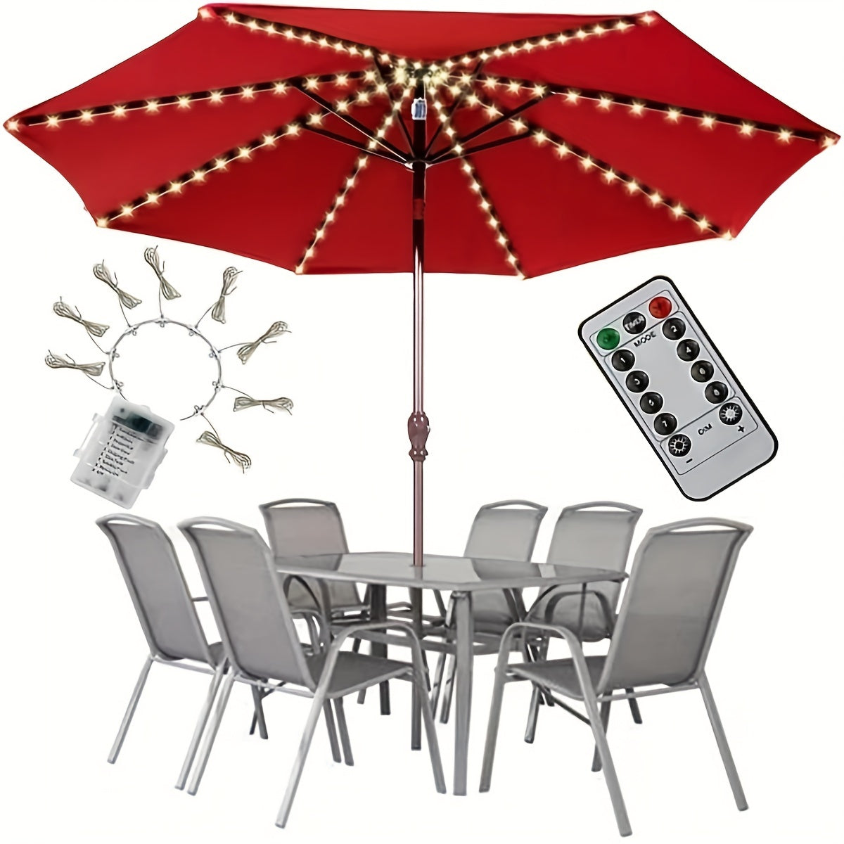 1pcs Garden Umbrella Light with Remote Control, 8 Modes Waterproof LED Outdoor Umbrella Light Battery Powered for Decoration Outdoor Party, Wedding, Festival (Remote Control with Button Battery, Battery Box Not Included)