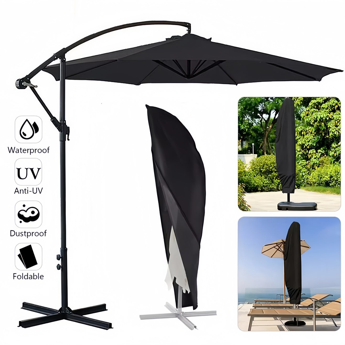 280cm Waterproof Outdoor Umbrella Cover 420D Oxford Cloth, Anti-UV Patio Parasol Cover with Storage Bag, Dust-Proof Black Canopy Sunshade Cover for 3.35m to 4.27m Garden Parasol
