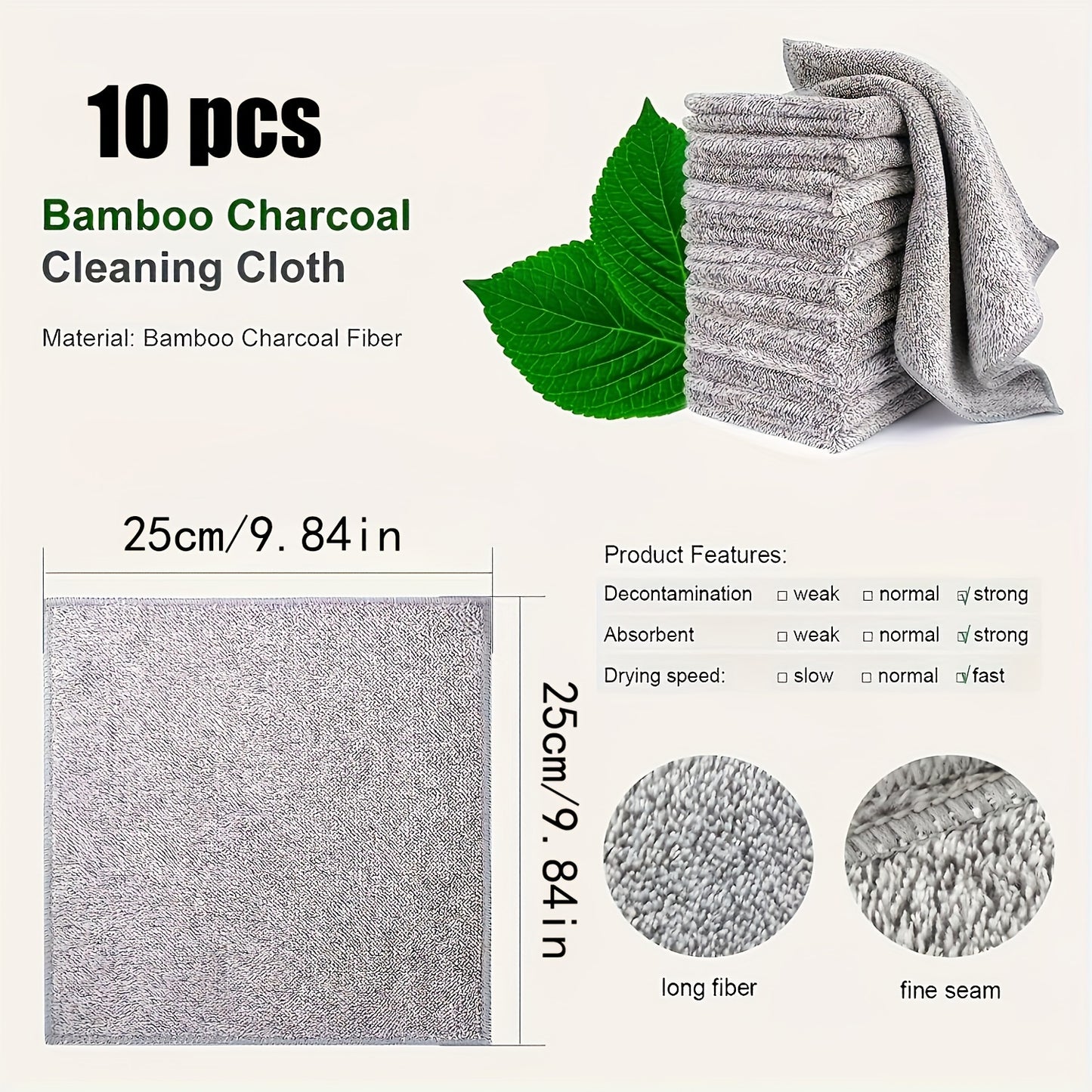 10 Pack Super Absorbent Microfiber Cleaning Cloths - Thick, Quick Drying Bamboo Charcoal Fiber Towels for Car and Kitchen, Non-Stick Oil, Washable