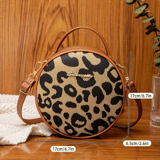 1pcs Girls Vintage Leopard Print Small Round Bag, Cute Small Fashion Handbag, Zipper Casual Shoulder Bag