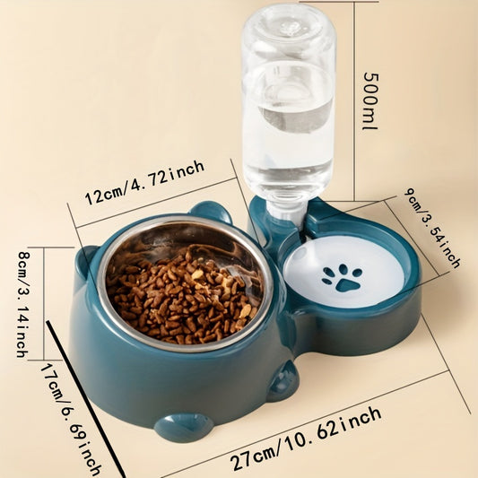 2 in 1 Pet Feeder with Automatic Drinking Fountain, Non-slip Tilt Stainless Steel Cat and Dog Food Bowl, No Batteries Required, No Power Supply Required, Automatic Feeder for Cats