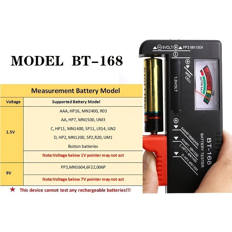 Battery Tester BT-168 - Universal device for quick and easy checking of AA, AAA, C, D, 9V, 1.5V batteries with color meter indicators and accurate results