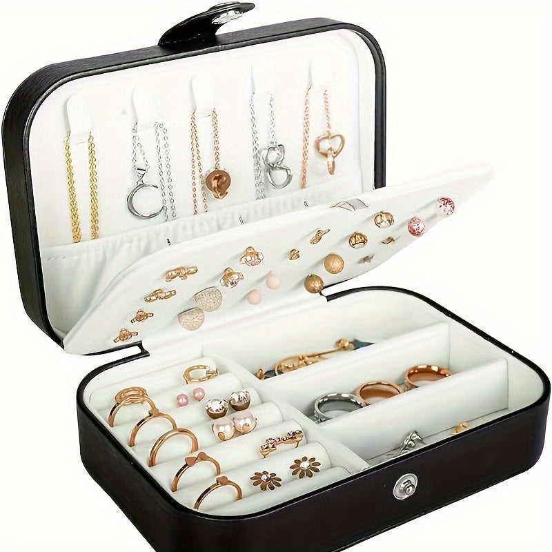 Portable double-layer imitation leather jewelry storage box - velvet interior, snap closure, can store earrings, necklaces, rings | Modern travel storage box with practical hook