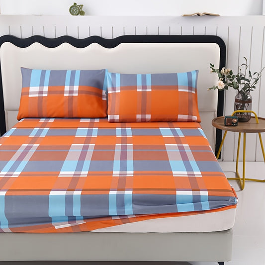 3 Pieces Modern Polyester Fitted Sheet Set (1*Fitted Sheet + 2*Pillow Cover, Core Not Included), Colorful Plaid Pattern Soft Comfortable Breathable Bedding Mattress Protector for Bedroom, Guest Room