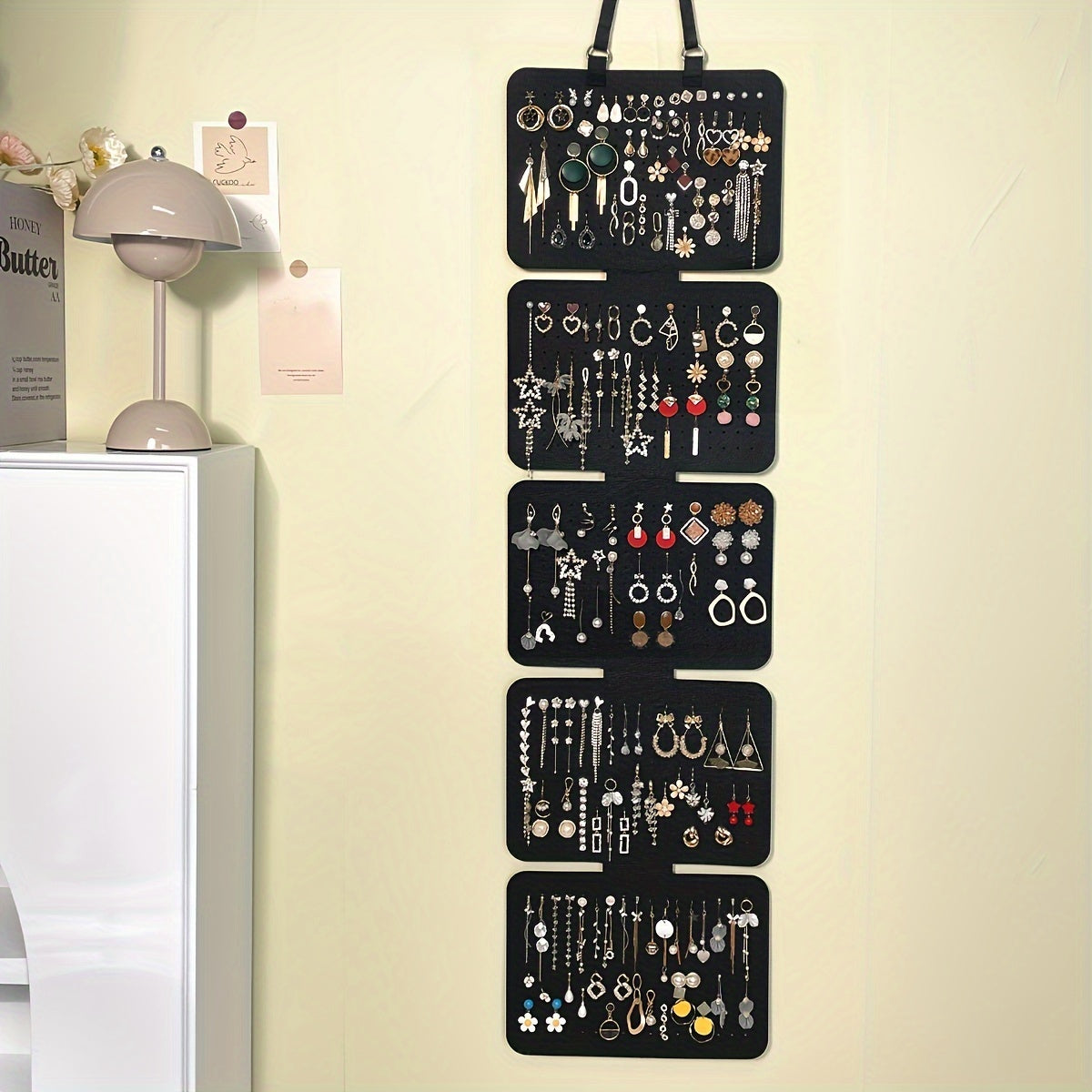 1pc Elegant Black Felt Jewelry Storage Box - 5-Layer Hanging Storage with Large Capacity and Foldable Design for Earrings, Pendants, Necklaces and Bracelets - Versatile Badge and Pin Display with Lanyard