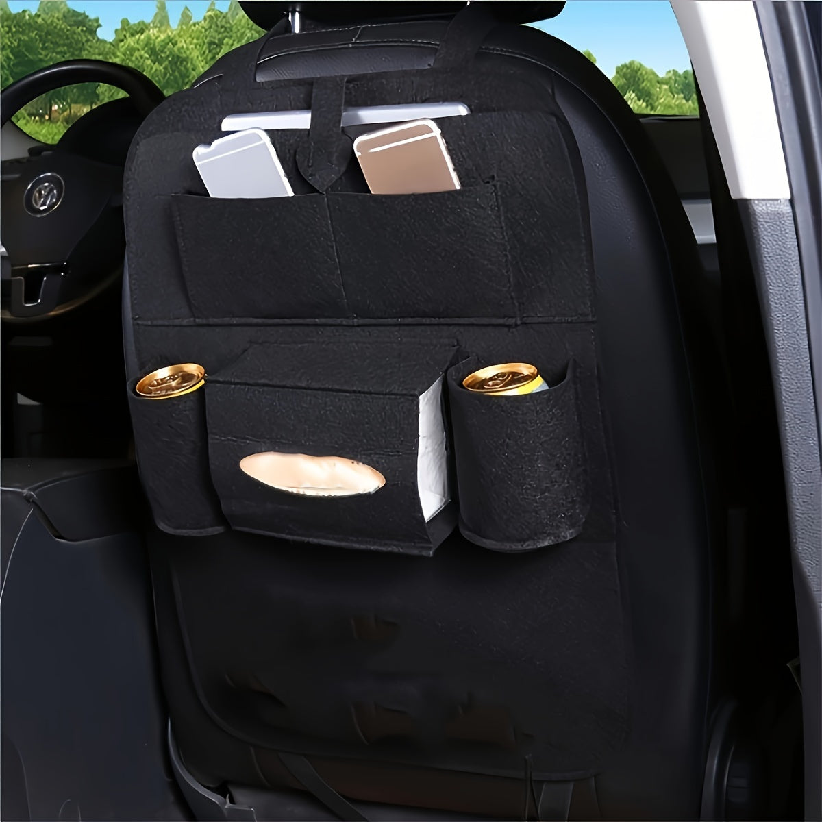 Universal Black Felt Car Seat Back Storage Bag - Travel Accessories - Multi-Pocket Car Accessory Holder, Non-Woven Design, Used to Organize Items, Keep Your Car Tidy, Easy to Install