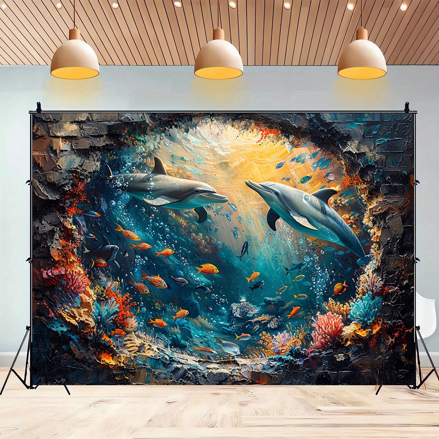 Underwater World Shark and Dolphin Backdrop - Polyester Photo Booth Props, Coral Reef and Red Brick Wall Mural, Party and Photo Studio Decoration, Multipurpose, No Electricity Required