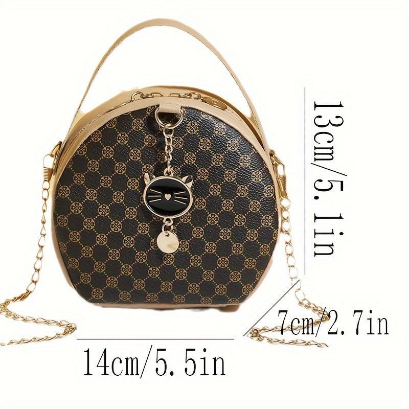 Girls classic fashion diamond letter print round crossbody bag with chain and zipper closure, casual simple commuter shoulder bag suitable for travel and daily use