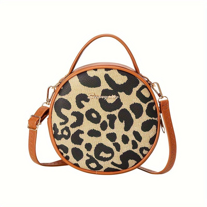 1pcs Girls Vintage Leopard Print Small Round Bag, Cute Small Fashion Handbag, Zipper Casual Shoulder Bag
