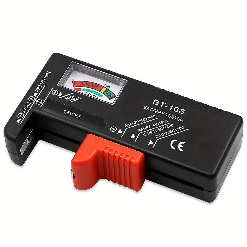 Battery Tester BT-168 - Universal device for quick and easy checking of AA, AAA, C, D, 9V, 1.5V batteries with color meter indicators and accurate results