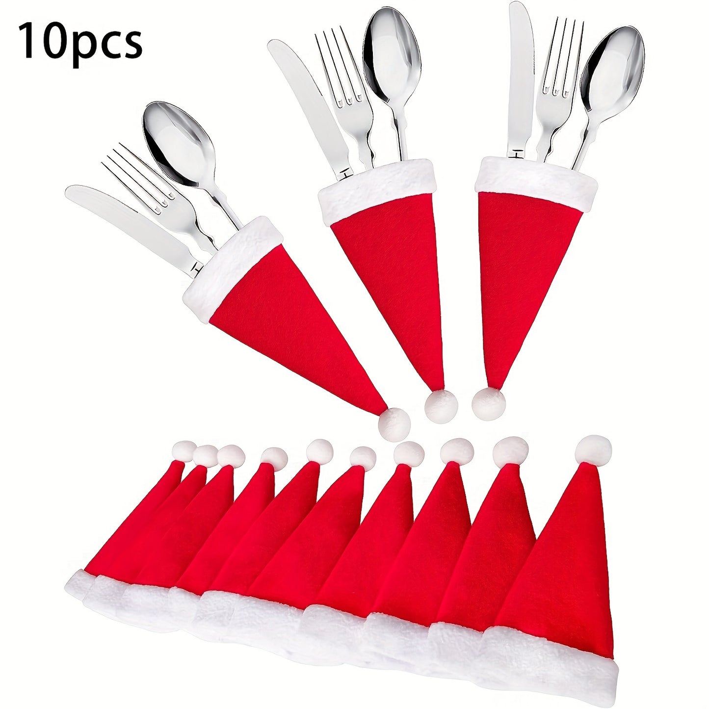 10-Piece Red Mini Santa Hat Cutlery Holder - Great for Holiday Table Decorations, Wine Bottle Caps and Kitchen Accessories