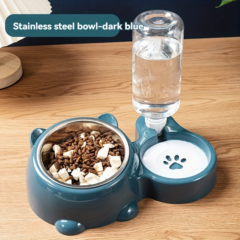 2 in 1 Pet Feeder with Automatic Drinking Fountain, Non-slip Tilt Stainless Steel Cat and Dog Food Bowl, No Batteries Required, No Power Supply Required, Automatic Feeder for Cats