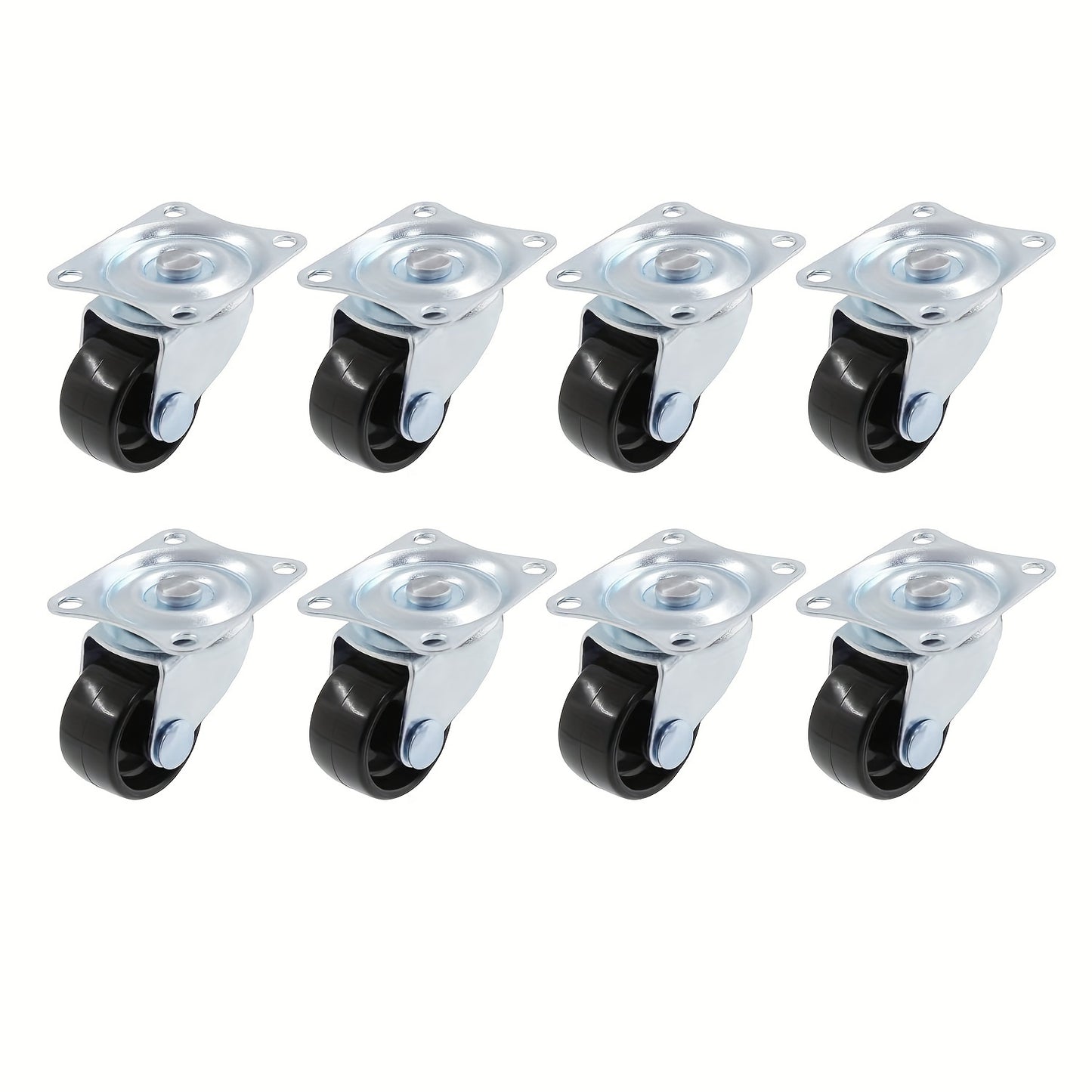 Set of 8 Heavy Duty Swivel Casters, 1" Diameter, with Rubber Base, Polished Metal Finish, Rectangular Top Plate and Bearings - Great for Furniture and Hardware