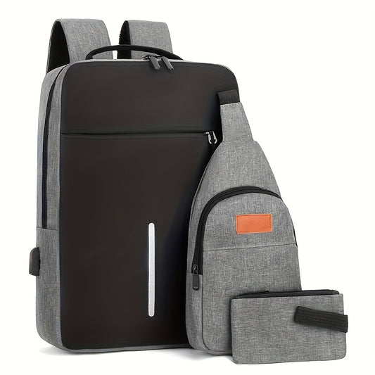 3-Piece Men's Commuter Bag Set, Durable Laptop Backpack + Chest Bag + Zipper Handbag, Business Multipurpose Bag Set