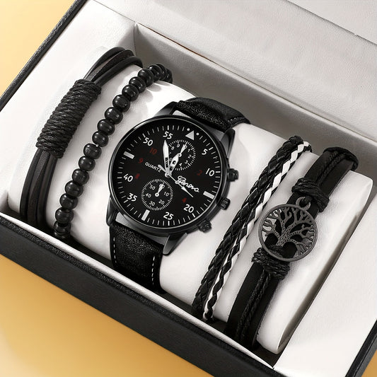 5 Piece Men's Casual Black Quartz Watch and Bracelet Set - Perfect Gift for Valentine's Day, Easter, Ramadan