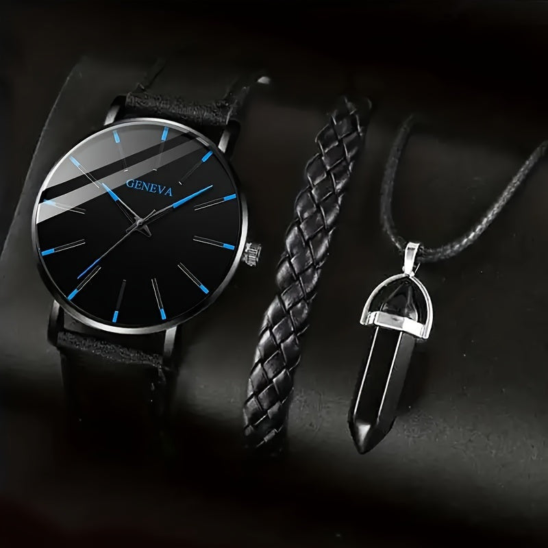 1pc Round Men's Quartz Watch & 1pc Bracelet & 1pc Necklace Set