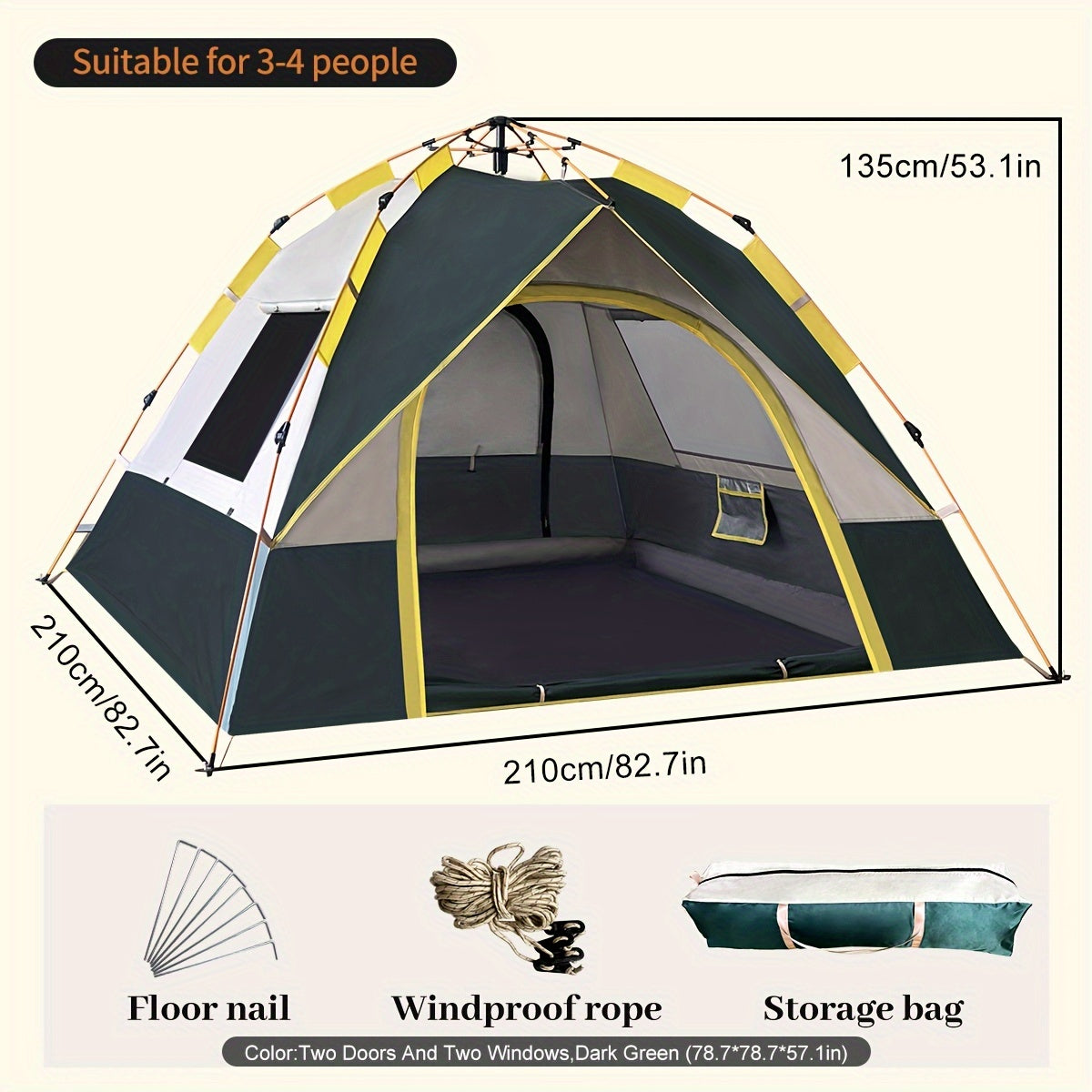 Versatile Waterproof & Windproof Tent with Dual Doors - Ideal for Family Camping, Hunting, Hiking, and Travel