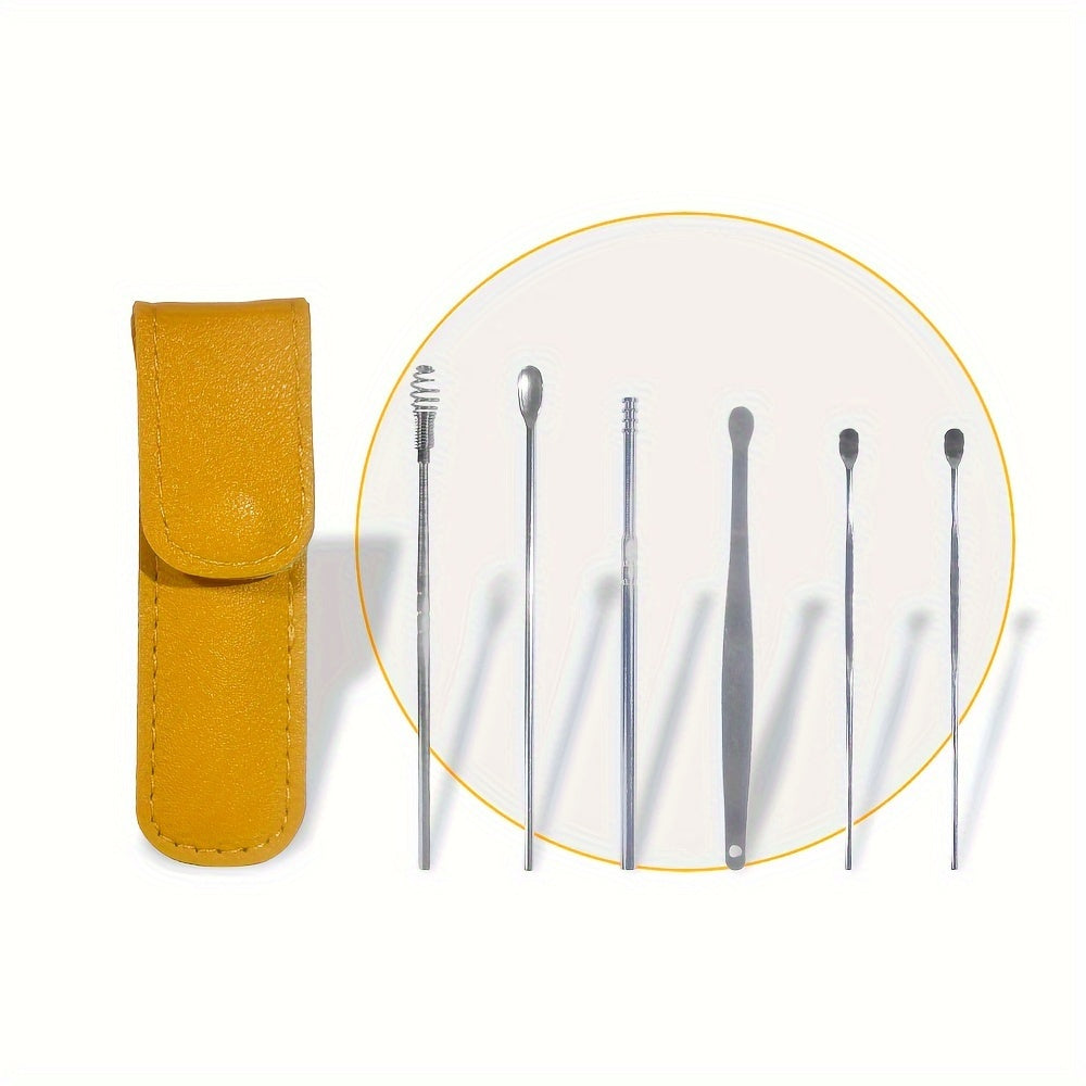 6 in 1 Stainless Steel Ear Wax Removal Tool Kit with PU Leather Case - Portable Ear Cleaner Set with Multiple Heads and Spoon for Ear Care in Stick Shape, No Batteries Required