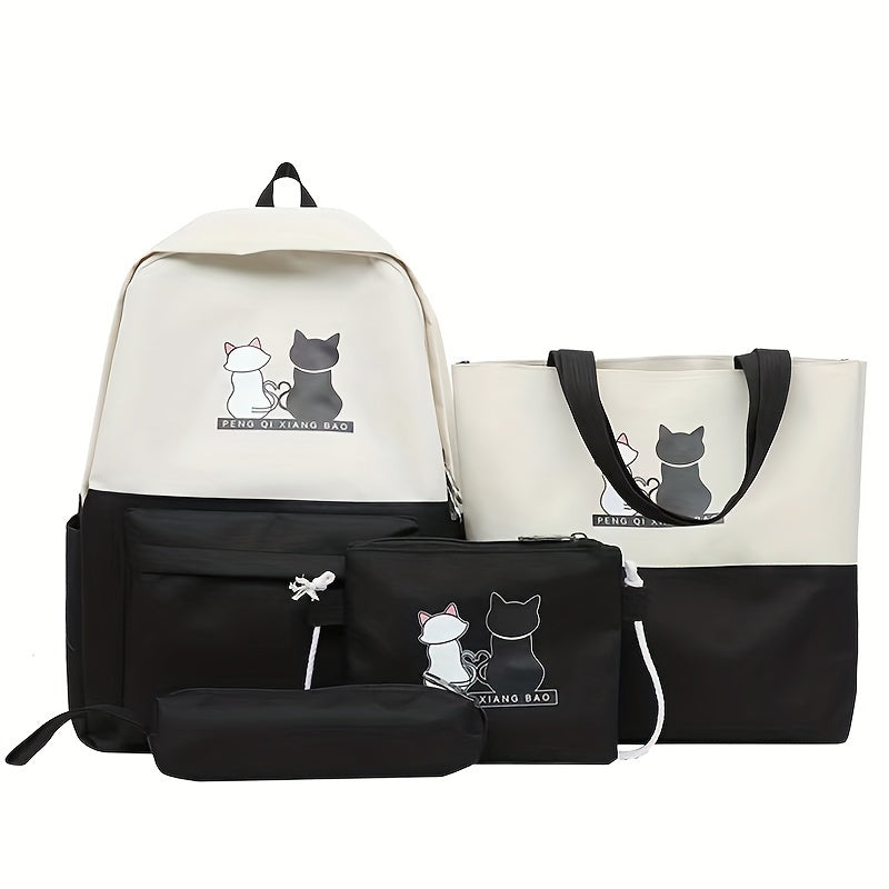 4-piece kitten print backpack set with matching tote, pencil case and wallet - durable oxford material with adjustable shoulder straps for travel and school